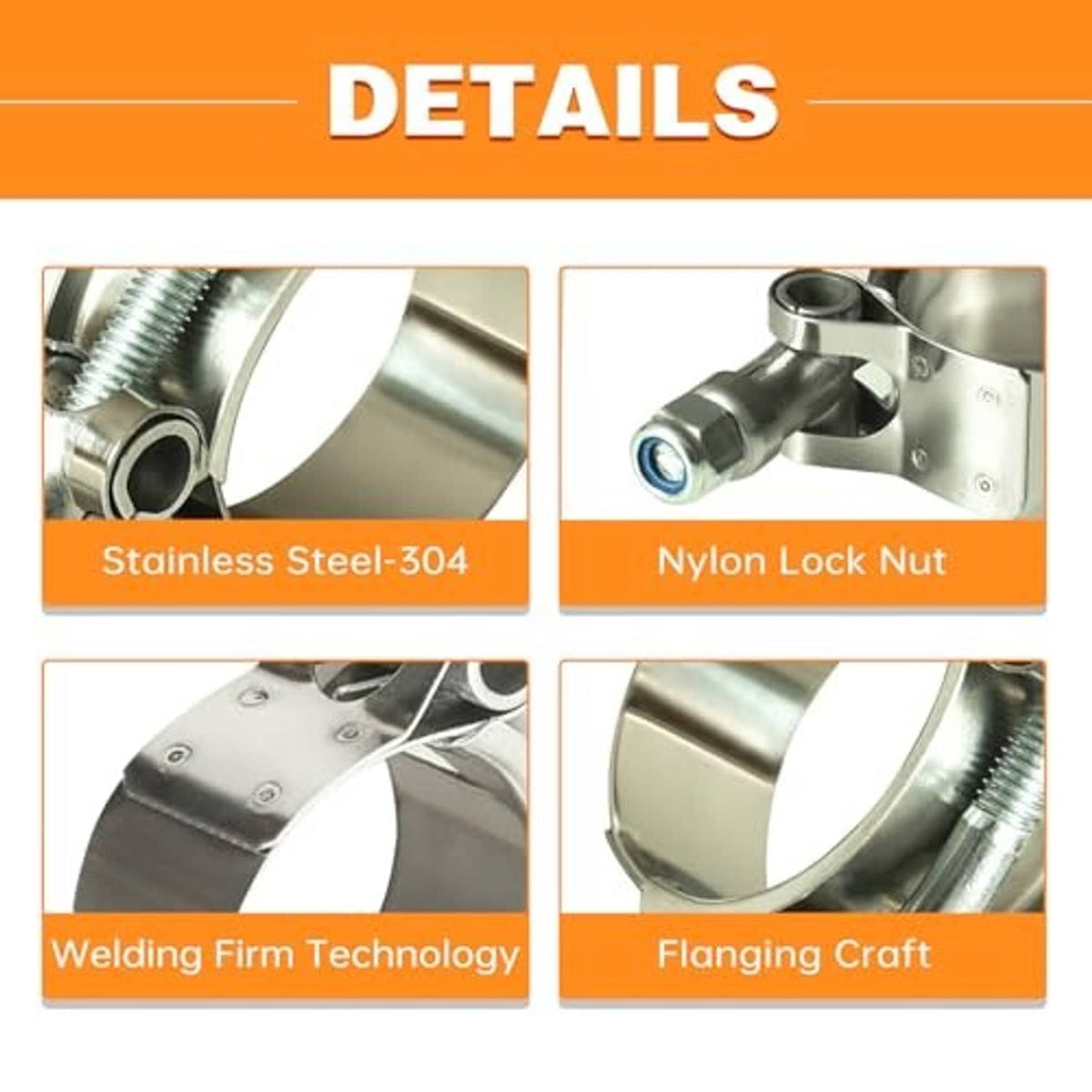 Stainless steel T-bolt hose clamp parts: clamp band, screw, and nylon lock nut
