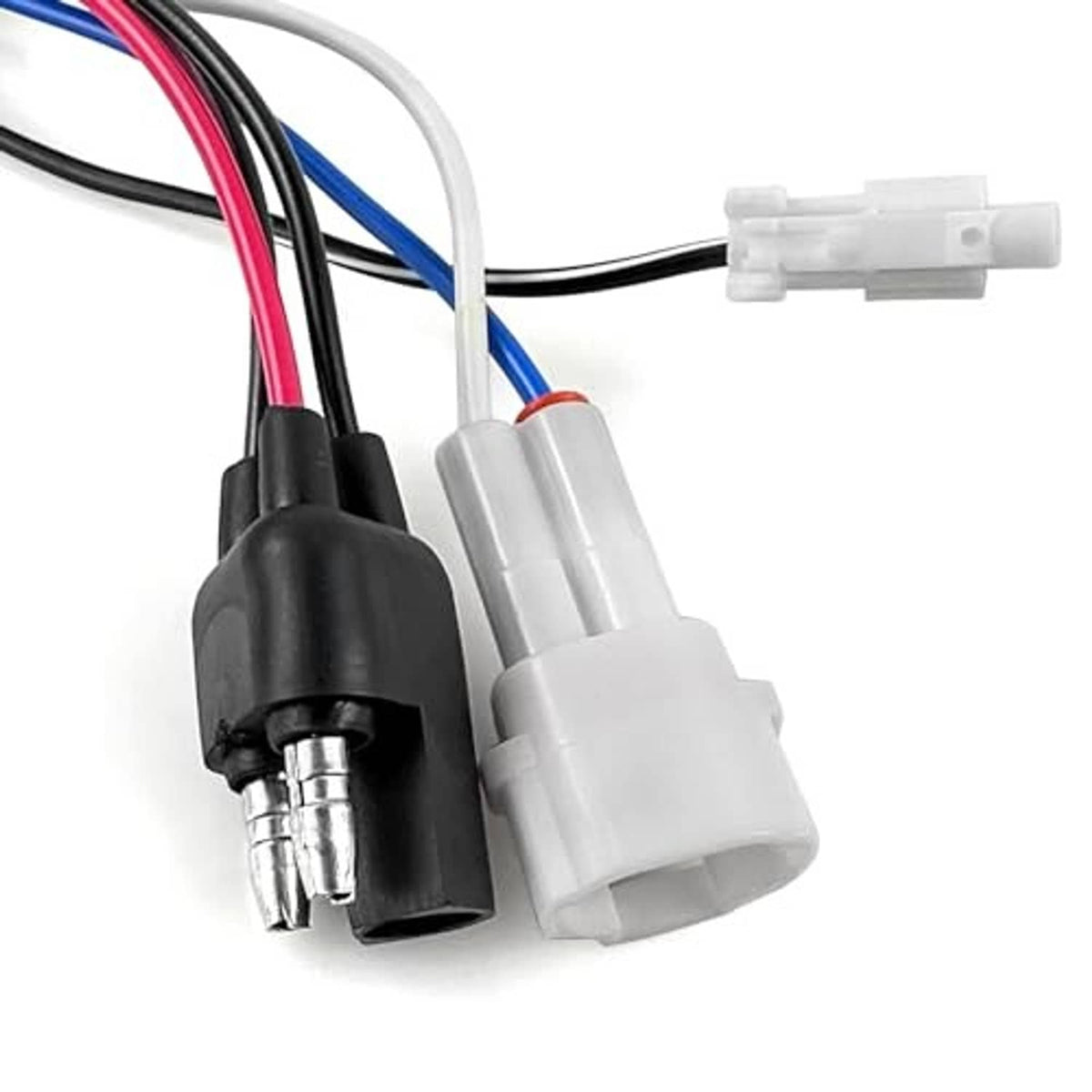 White and black electrical connectors on bundled multicolor wires