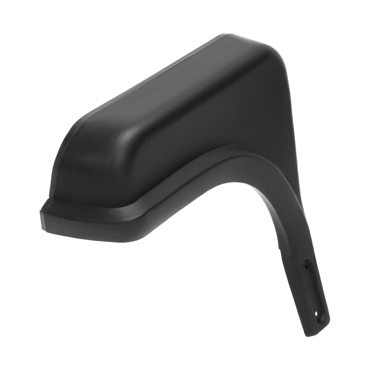 Black left golf cart fender cap, side view with raised top and mounting holes
