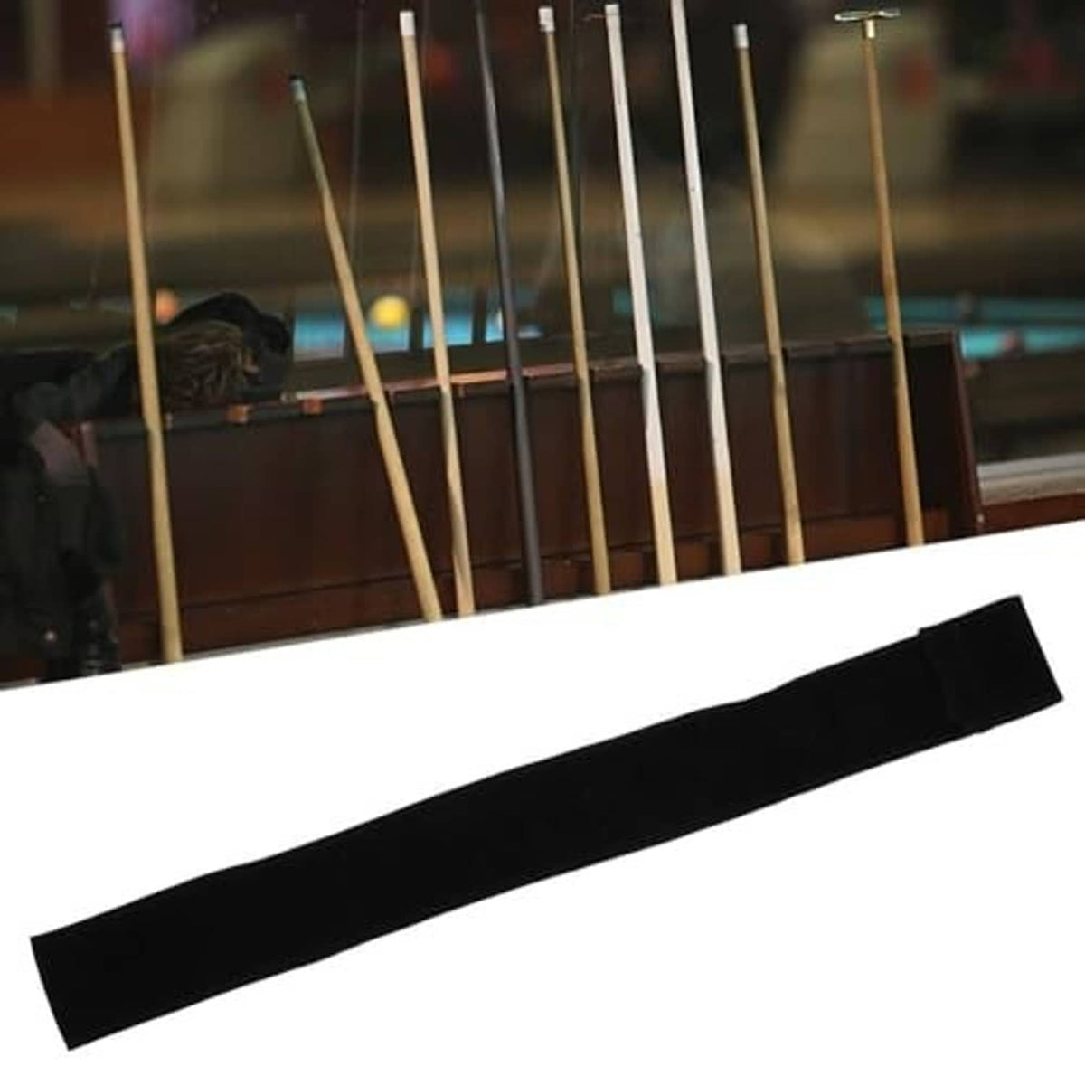 Black 32-inch pool cue case laid flat, showing the front strap and padding