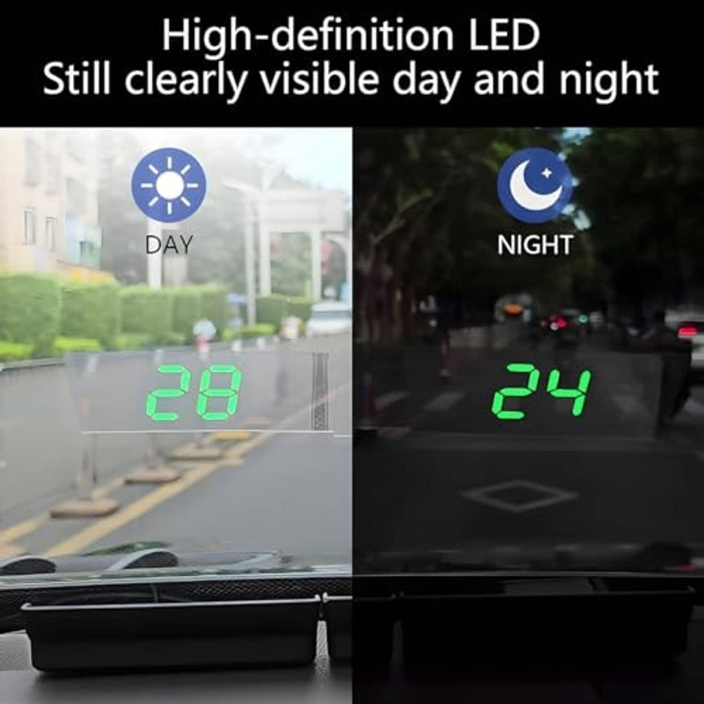 Car head-up display speedometer showing green “28” and “24” in day/night views