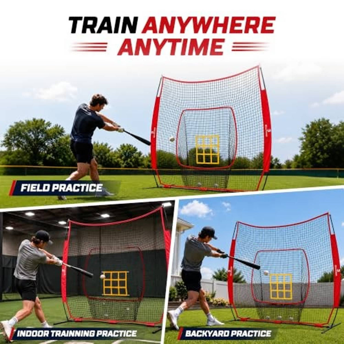 Red-and-white baseball practice net with yellow strike zone target, shown in use outdoors.