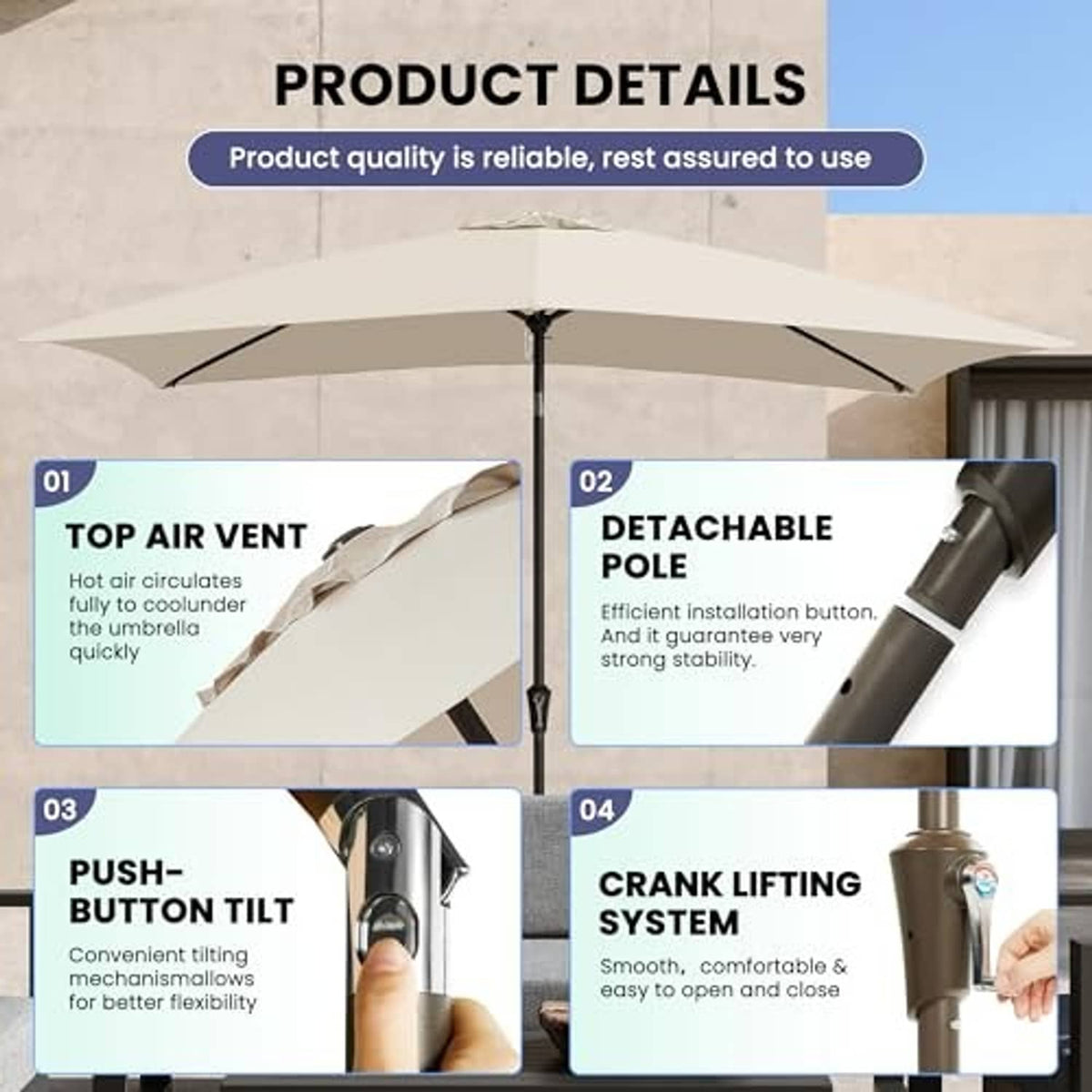 Rectangular patio umbrella with beige canopy, crank-lift and pole details shown in view