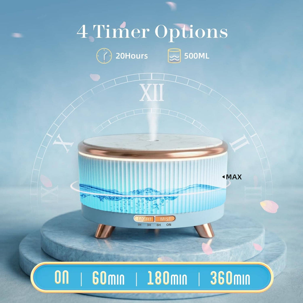 Blue ultrasonic essential oil diffuser with visible MAX mist line and timer setting overlay.