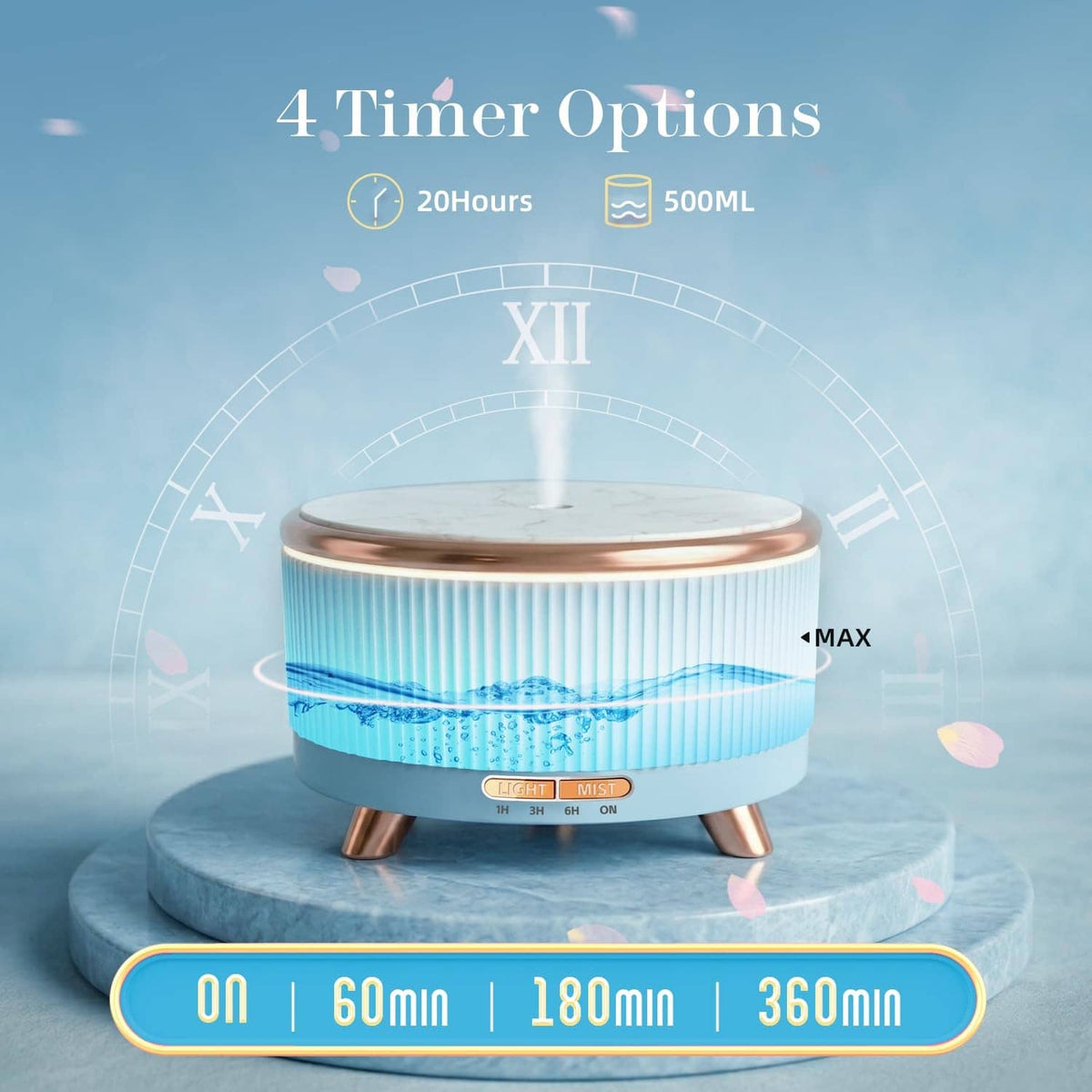 Blue ultrasonic essential oil diffuser with visible MAX mist line and timer setting overlay.