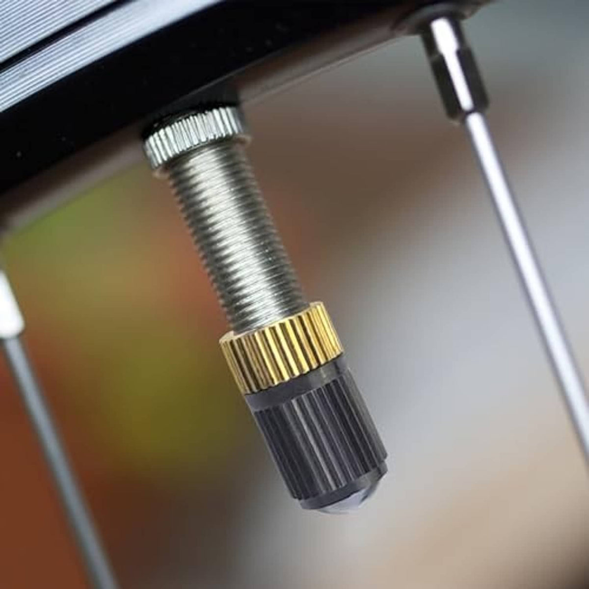 Close-up brass and black valve adapter attached to wheel rim valve stem