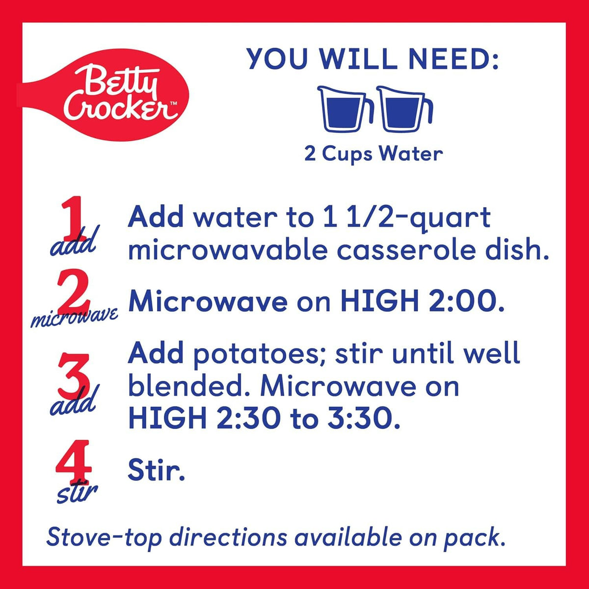 Microwave directions card: add water, microwave on high, then stir