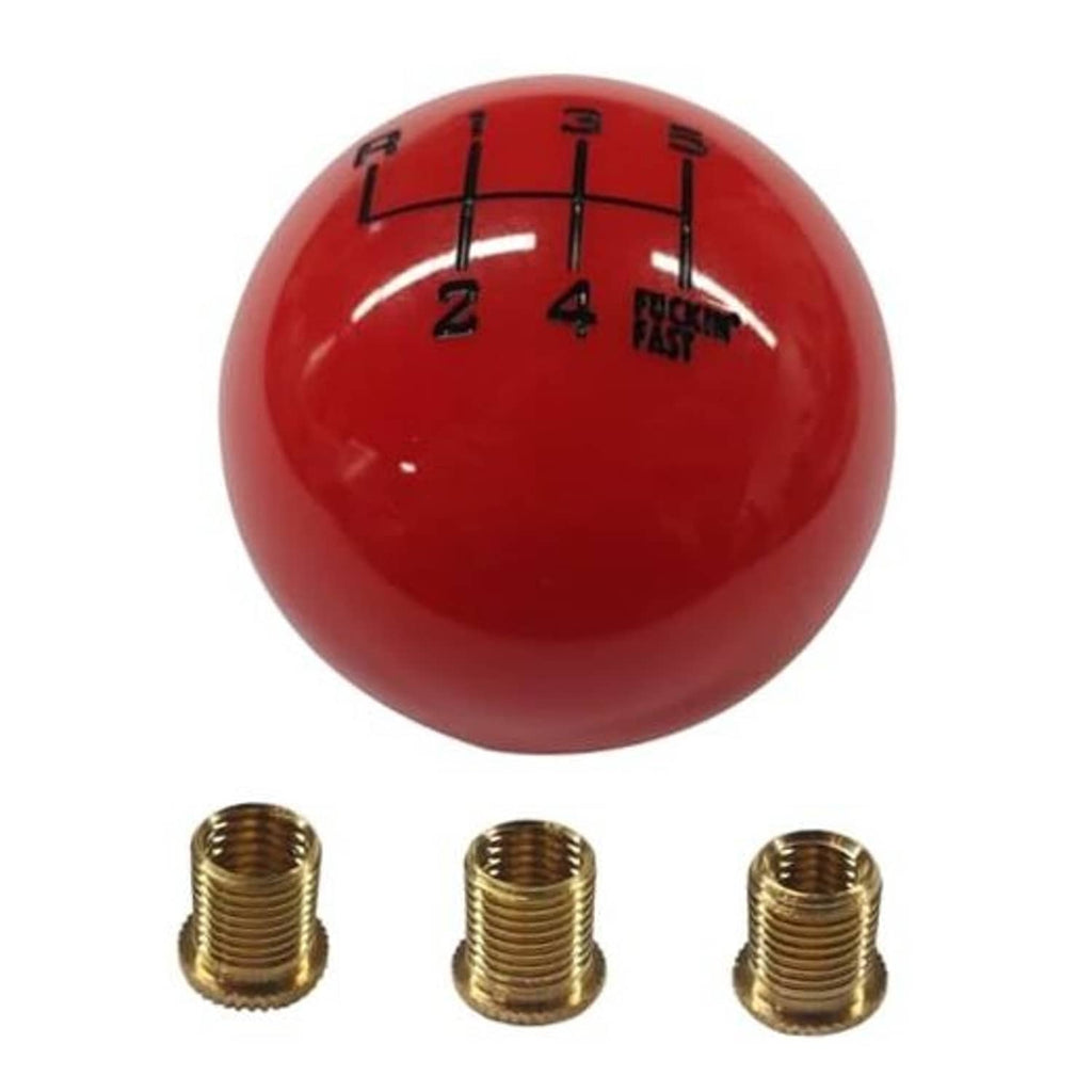 Red 6-speed gear shift knob with numbered shift pattern and brass threaded insert