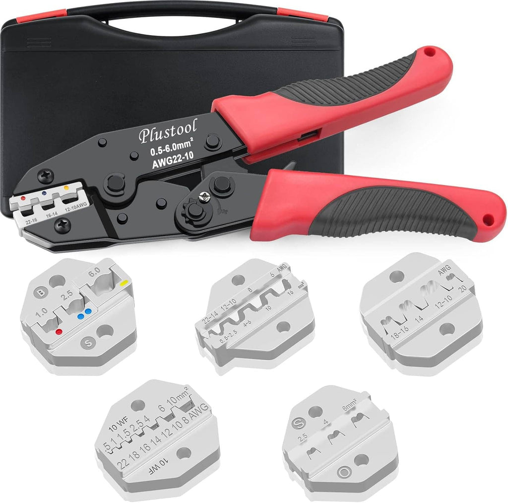 Ratcheting wire crimper with red grips, black storage case, and multiple die inserts
