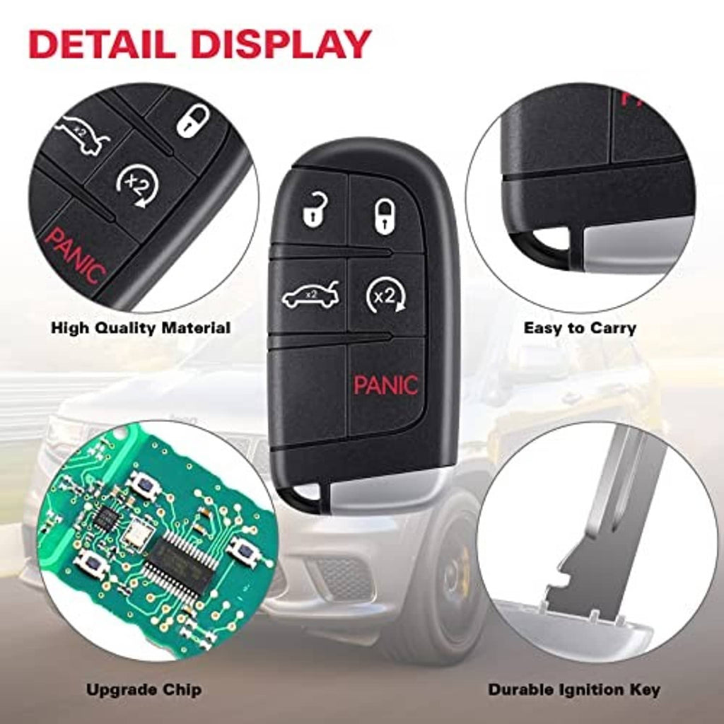 Black key fob with lock, unlock, trunk, and panic buttons, shown in detail display