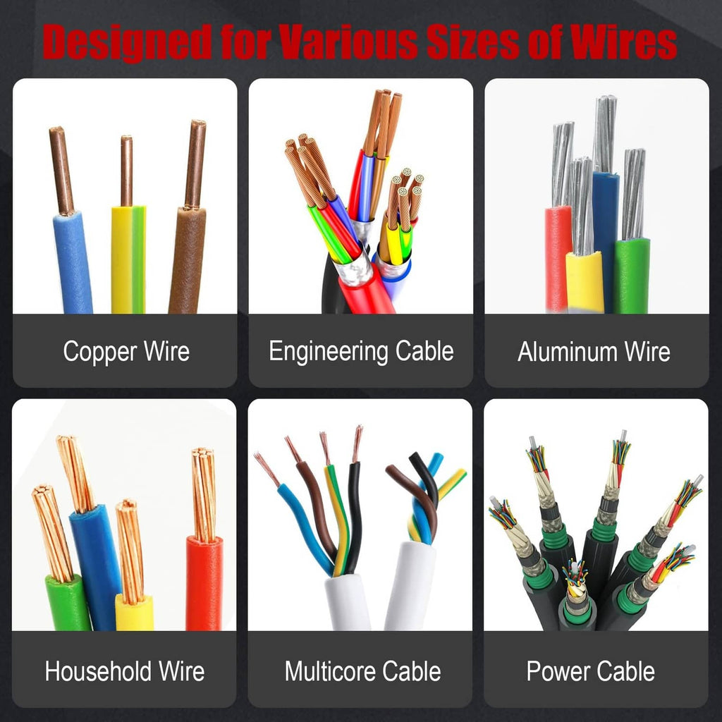 Wire stripper machine for various wire types, showing copper, aluminum, and multi-core cables
