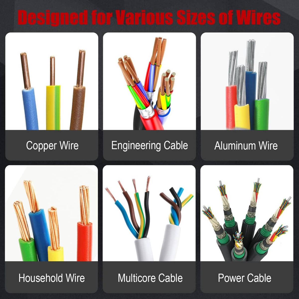 Wire stripper machine for various wire types, showing copper, aluminum, and multi-core cables