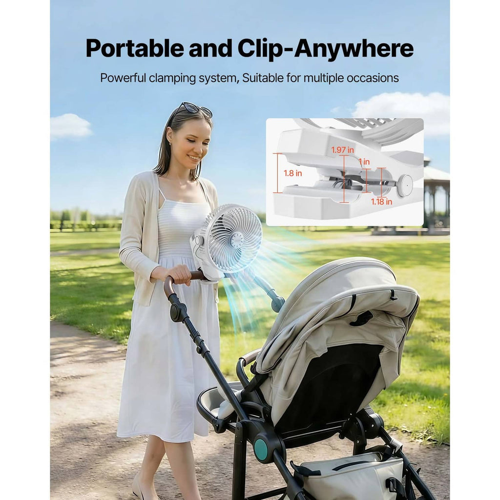 White clip-on fan handheld on a stroller handle with grille facing forward