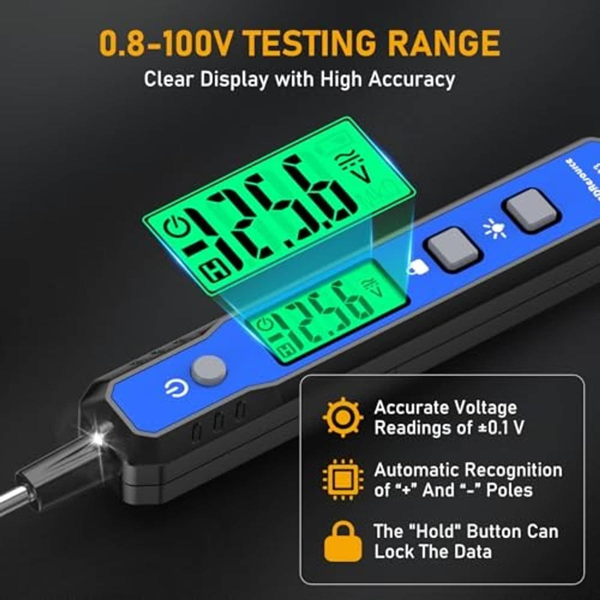 Blue voltage tester showing green 0.18 reading on digital display with two probe leads