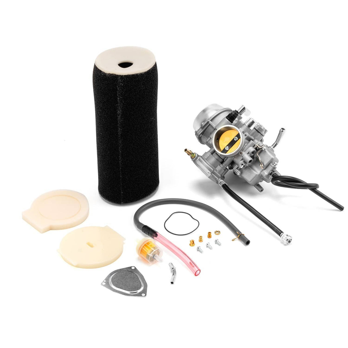 Carburetor kit parts with foam air filter, gaskets, screws, and hoses