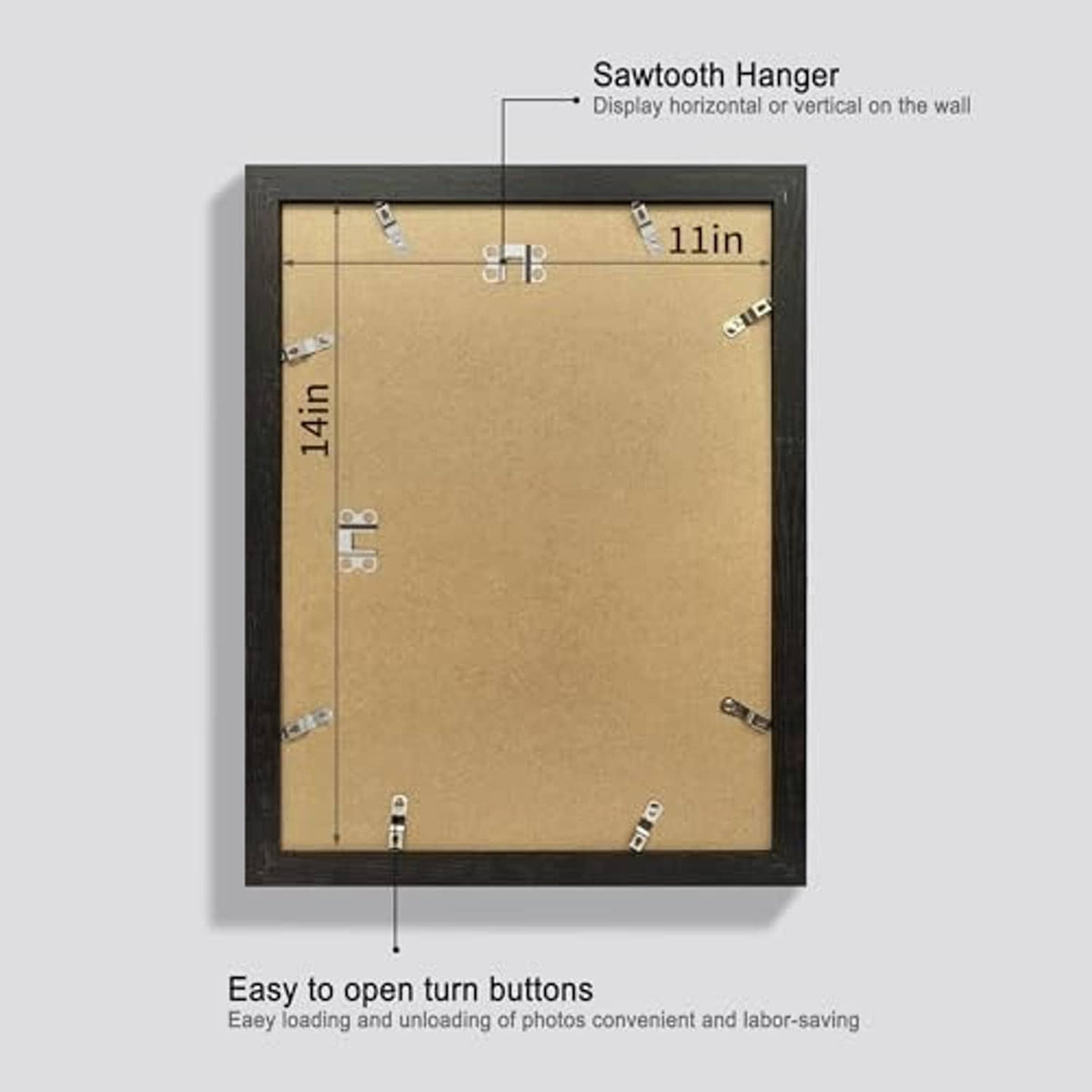 Back of rustic black 11x14 picture frame with mounting hardware and hanging tabs.