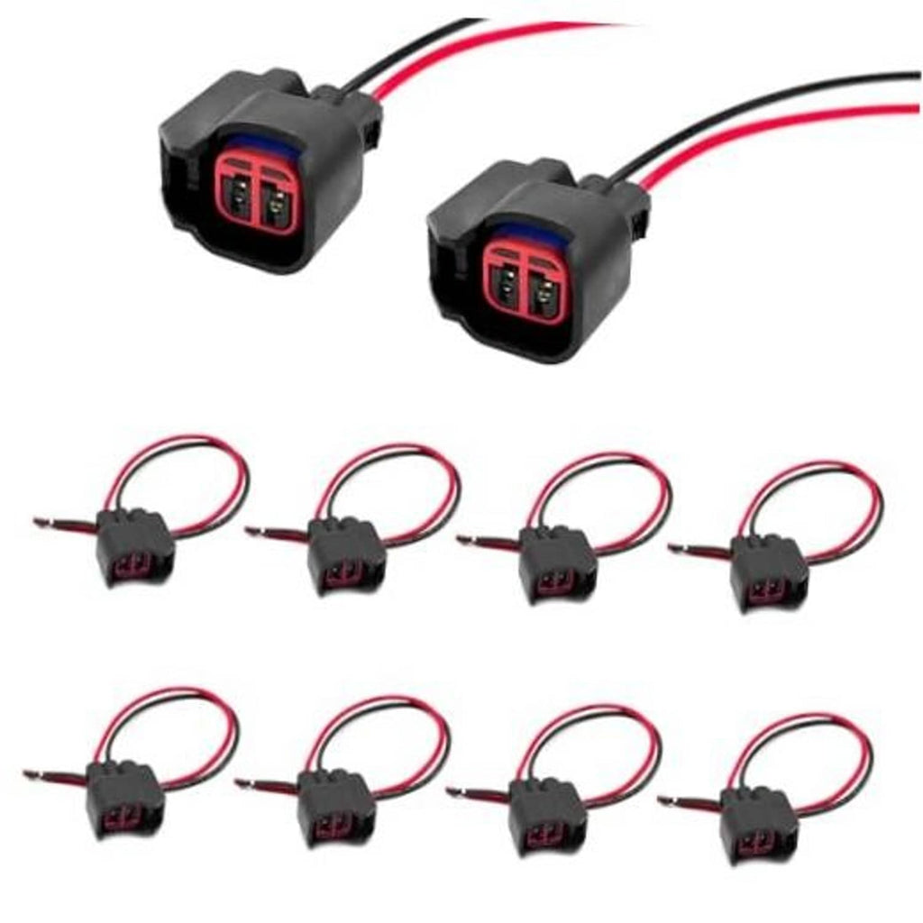 Fuel injector connector pigtails set: black plugs with red/blue latch and red wire leads