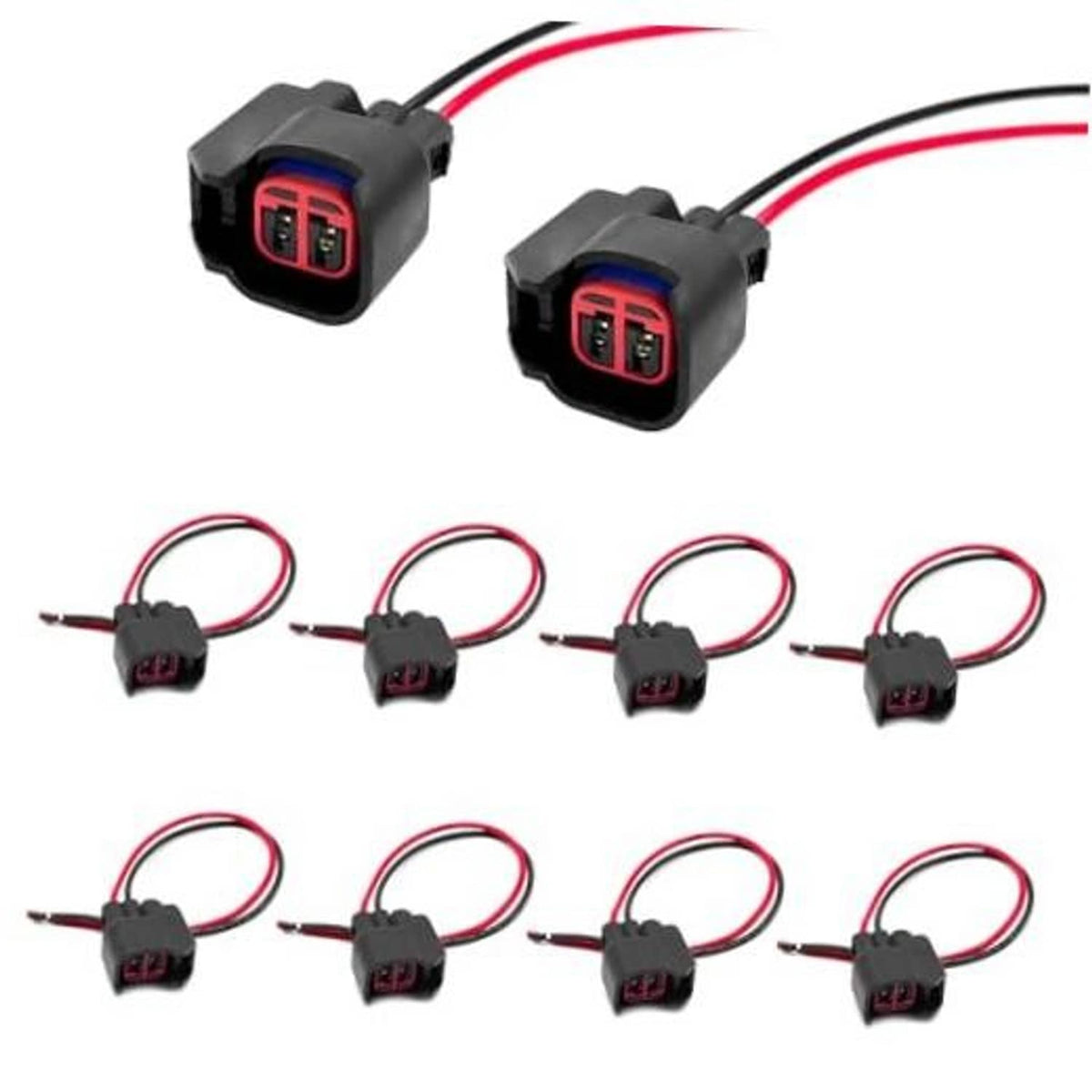 Fuel injector connector pigtails set: black plugs with red/blue latch and red wire leads