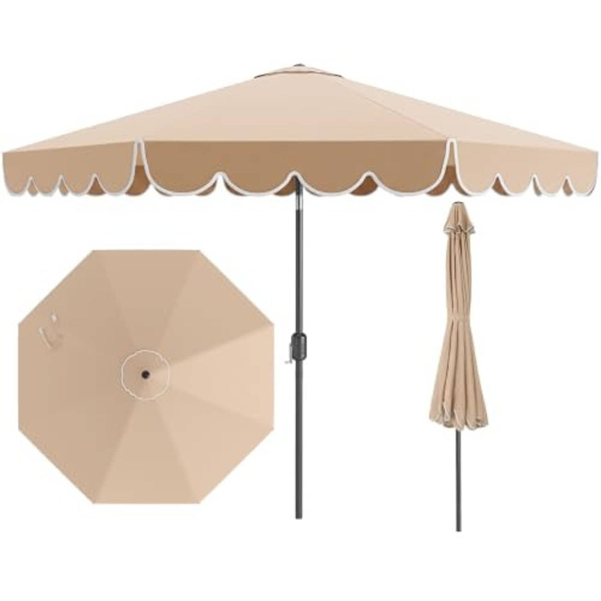 Beige two-tier scalloped patio umbrella canopy with open vent, front view