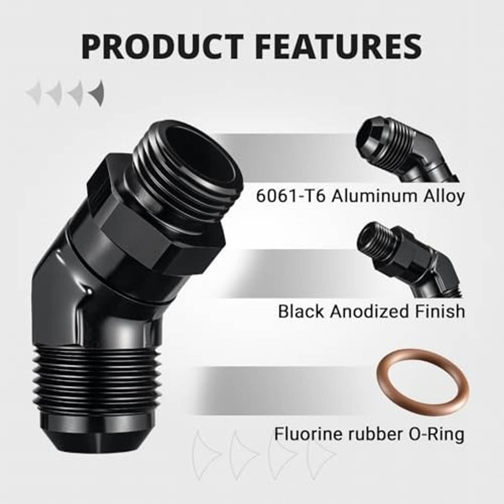 45-degree AN ORB male swivel adapter fitting with black anodized finish and rubber O-ring