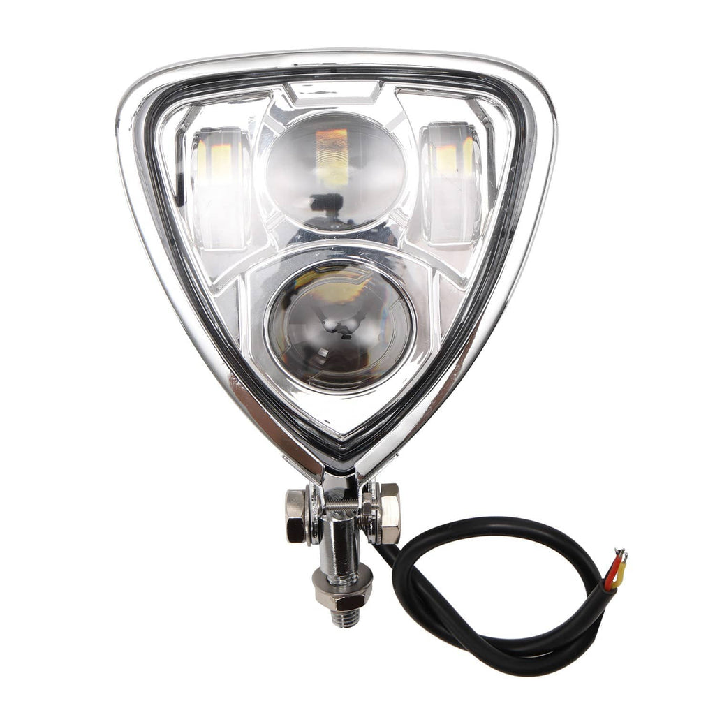 Triangle motorcycle headlight with dual glowing bulbs and clear lens, black wiring