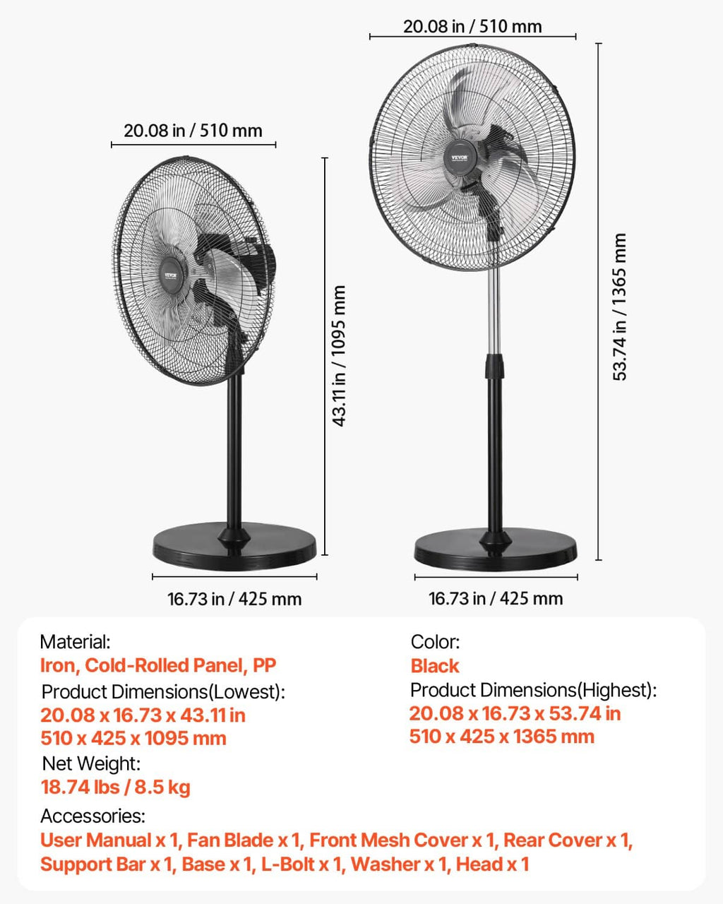 Black pedestal fan with height and size measurements plus accessory list