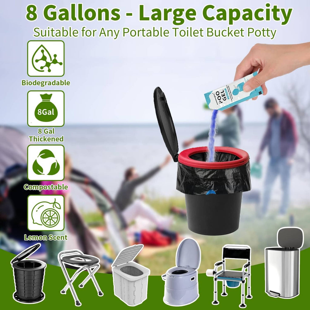 Black portable toilet waste bucket with red rim and blue gel packet over top