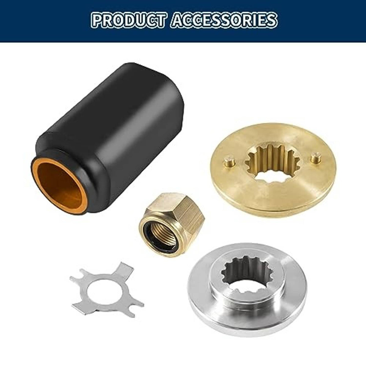 Boat propeller installation hub kit with black hub, brass cap, and steel parts