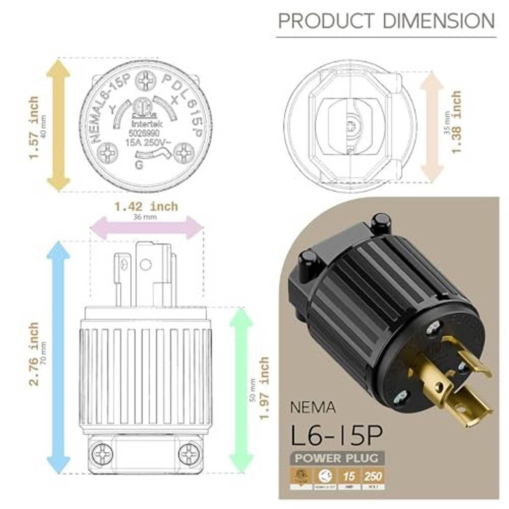 Side view twist-lock male power plug with black ribbed body and gold prongs.