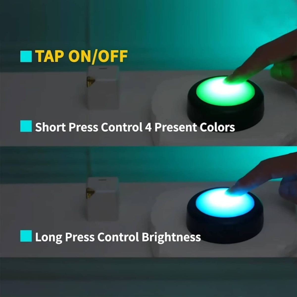 Tap-activated RGB LED puck lights with green and blue glow