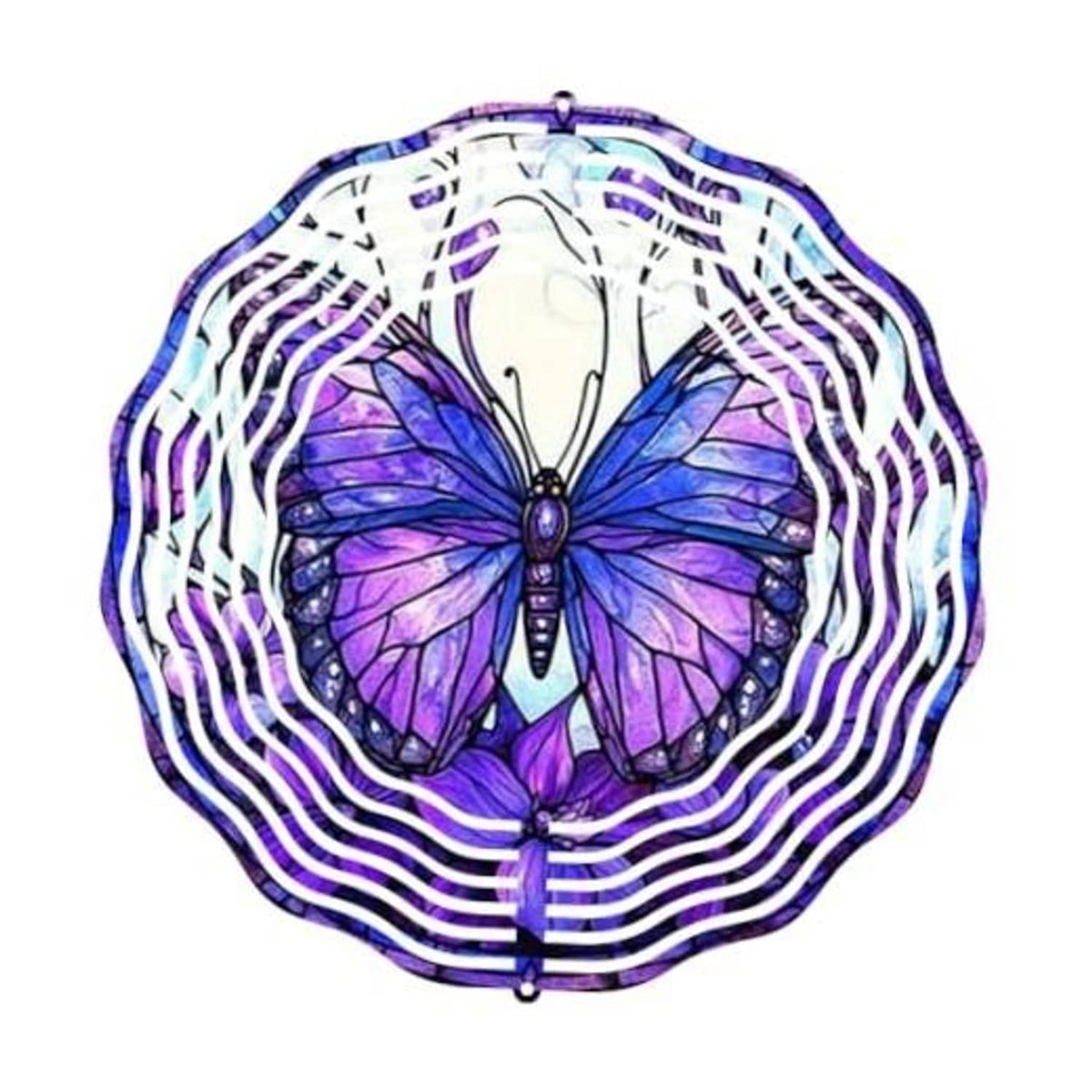 Purple butterfly wind spinner with white spiral ring design and hanging hook