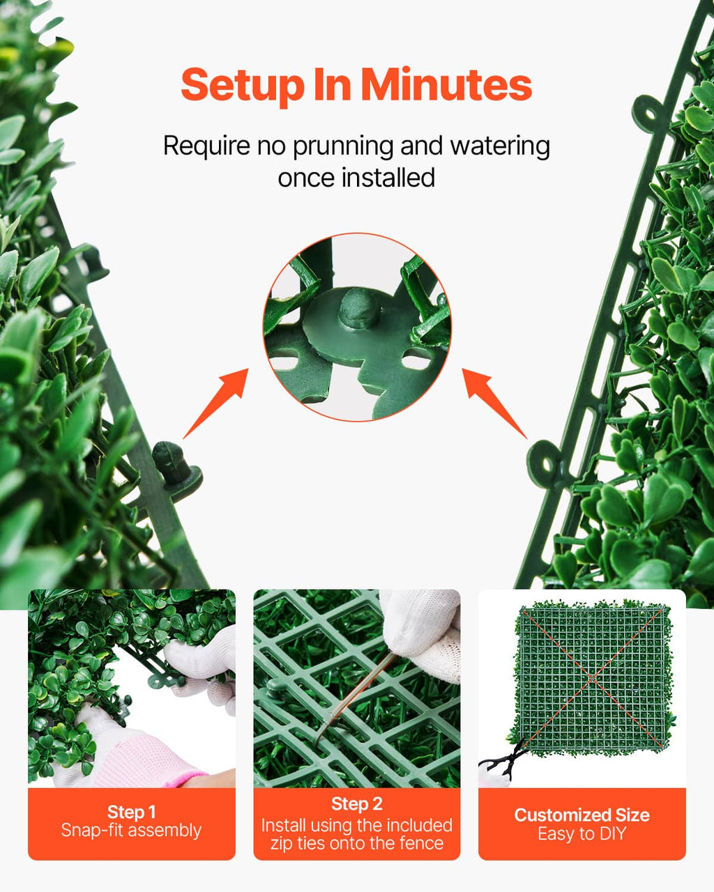 Green artificial greenery wall panel with snap-on style installation components, 3D leaves