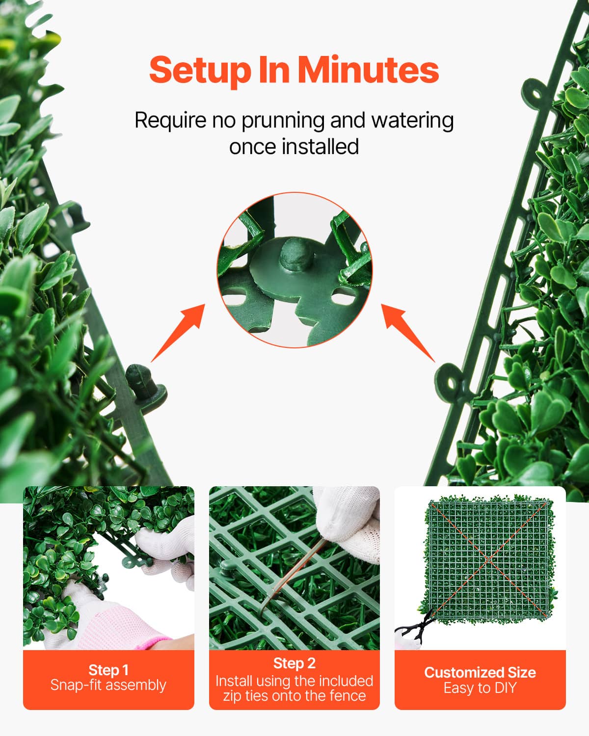 Green artificial greenery wall panel with snap-on style installation components, 3D leaves