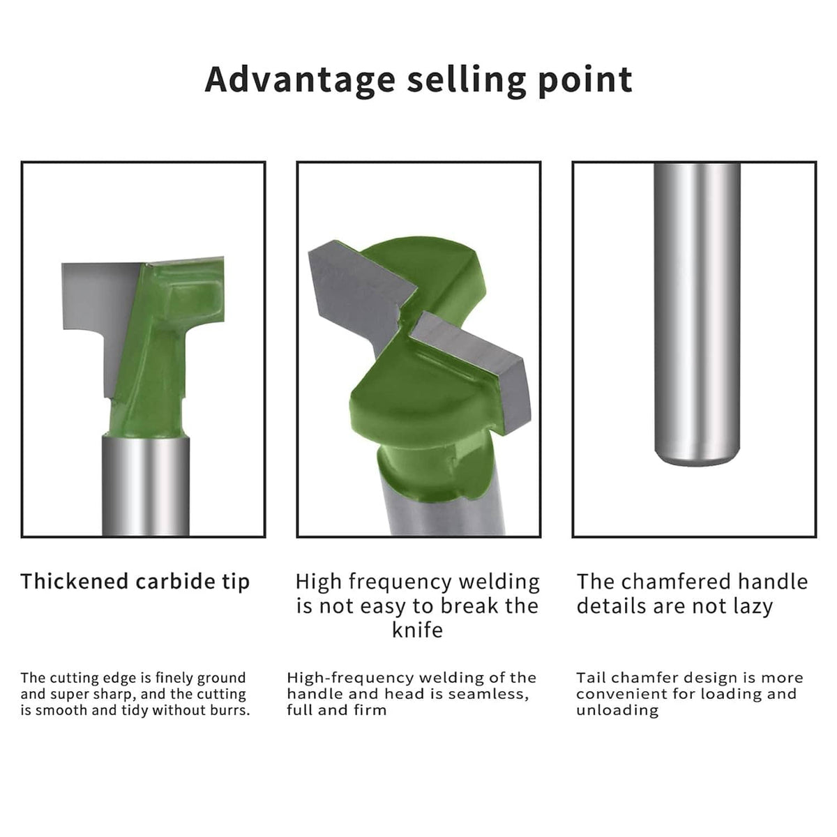 Keyhole router bits with thickened carbide tip and high-frequency welded design