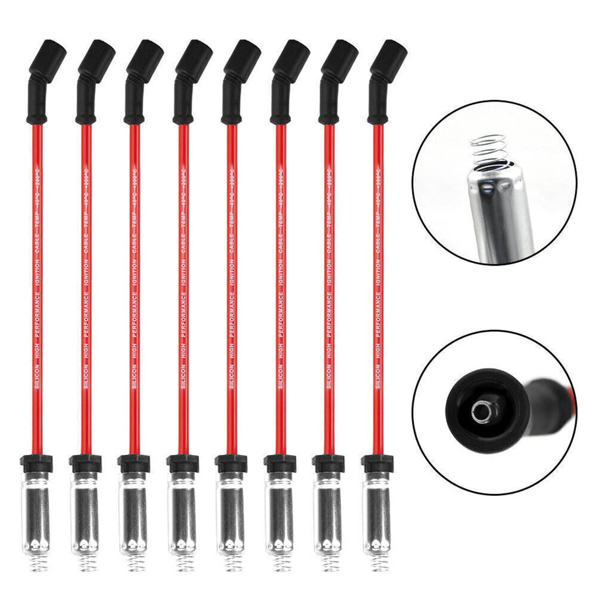 Red spark plug wire set with black boots and chrome spark plugs, eight-piece