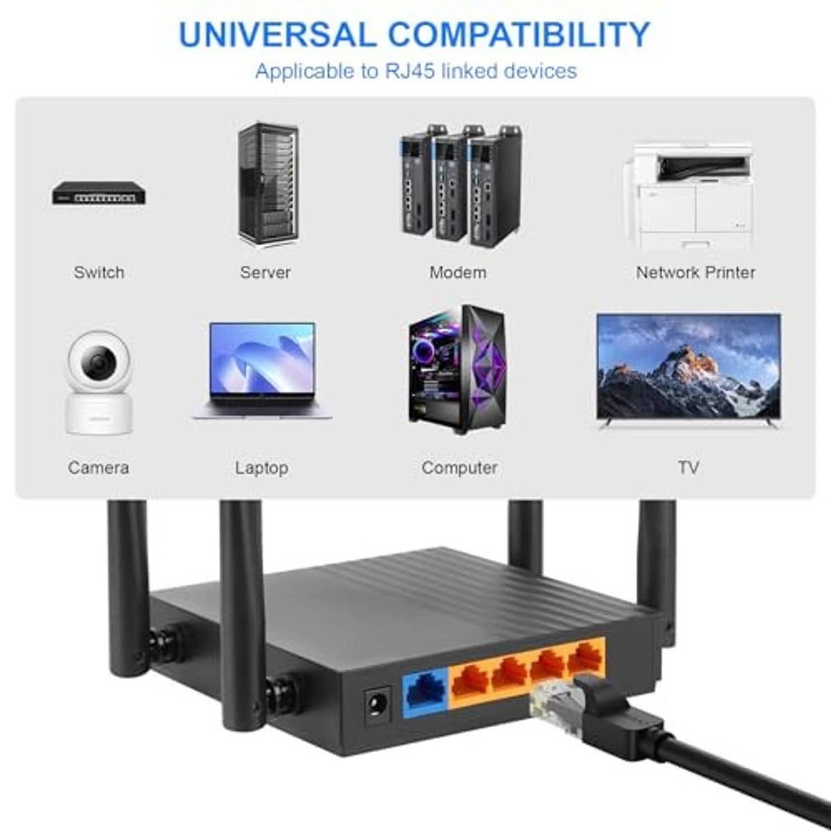 Black Ethernet cable connected to a router with RJ45 ports and a network switch.