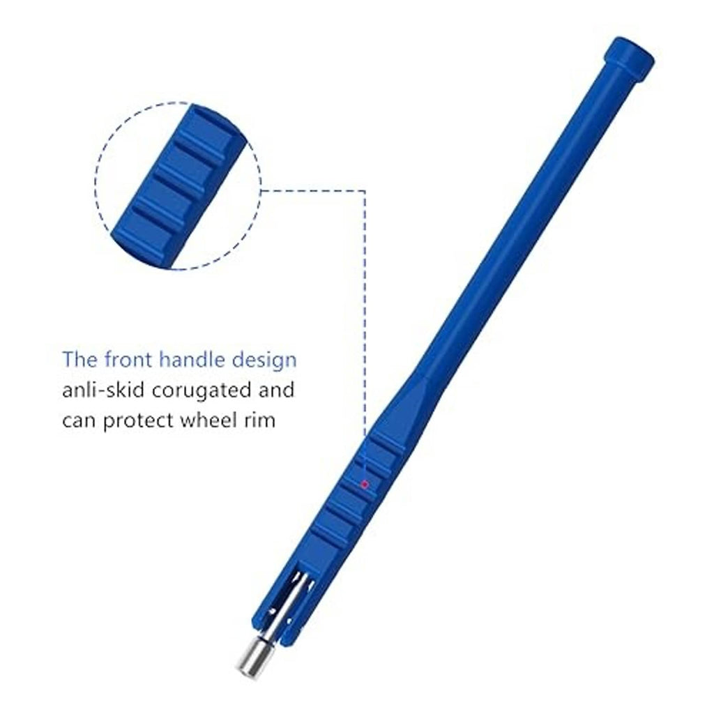 Blue anti-skid tire valve puller tool with ridged grip and metal insert tip