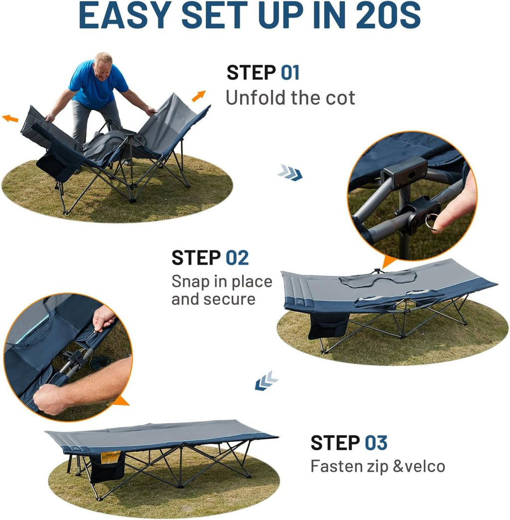 Easy set-up camping cot shown unfolded with gray mattress fabric and blue frame