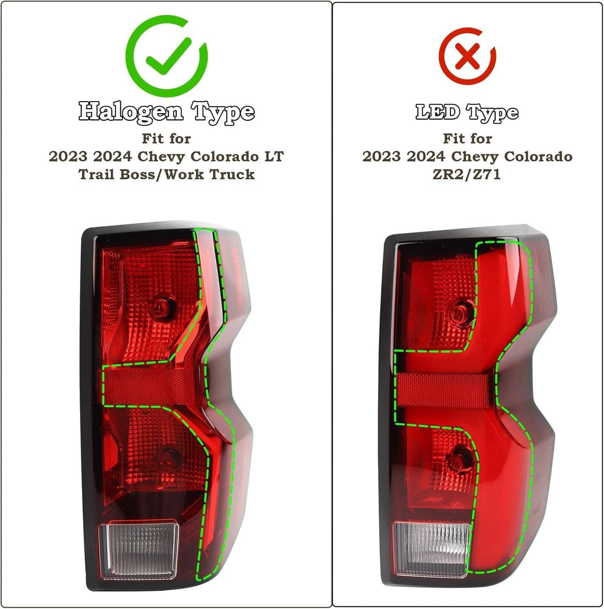 Right LED tail light with red lens and clear lower section, black housing comparison