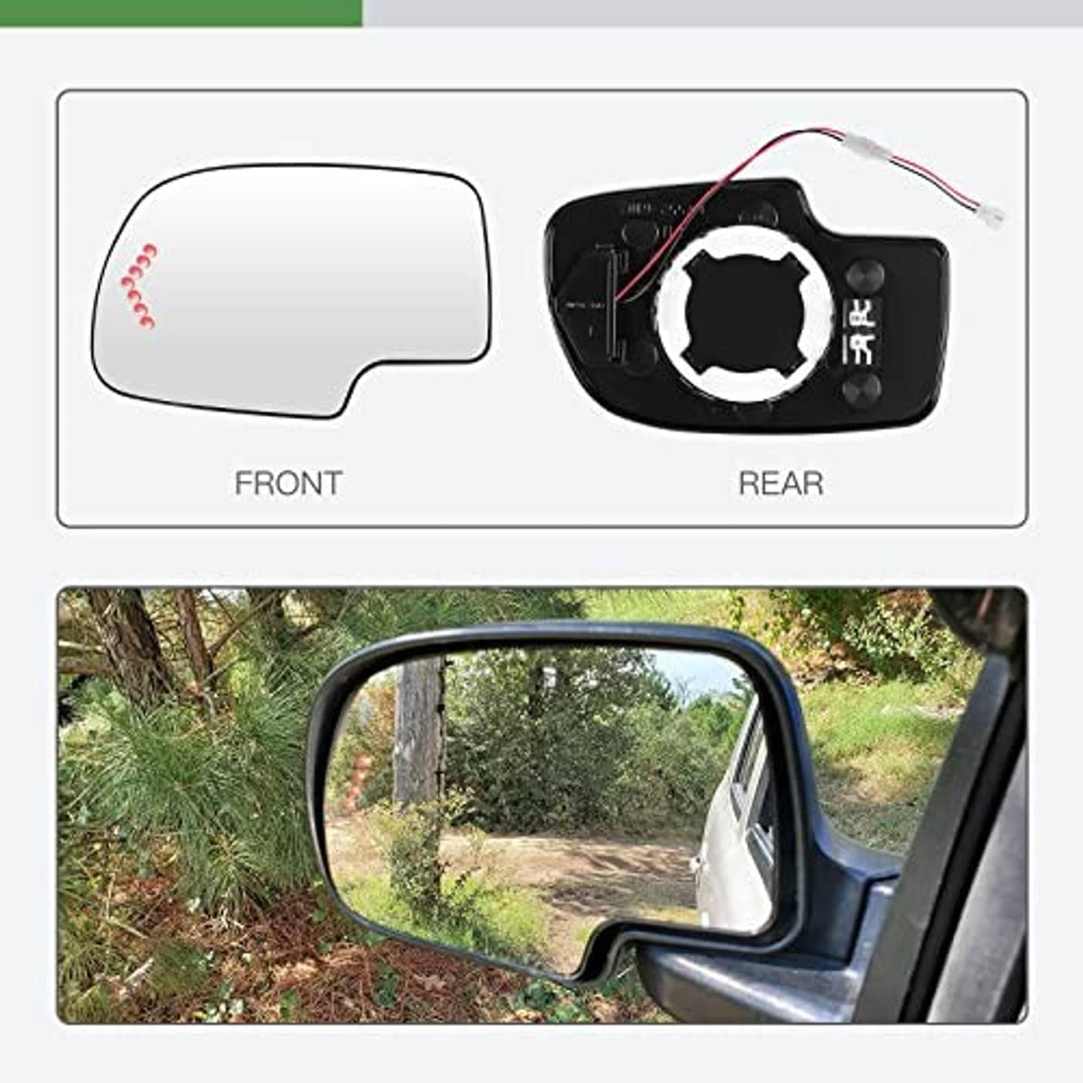 Driver-side mirror glass replacement showing front glass and rear housing connector