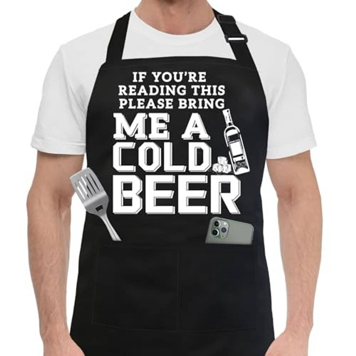 Black beer-themed chef apron with novelty slogan and bottle graphic; neck strap