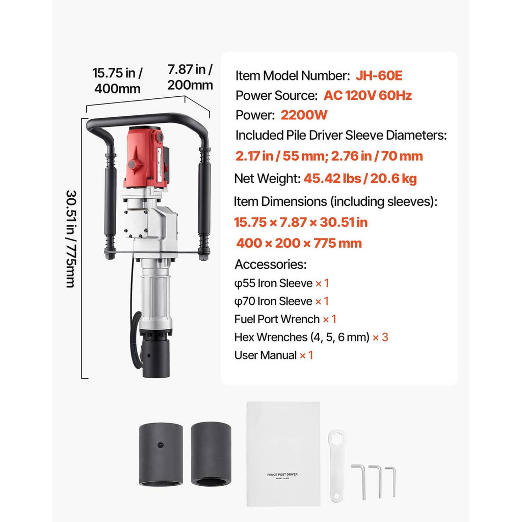 Specification view of electric piling post driver with included sleeves and wrenches