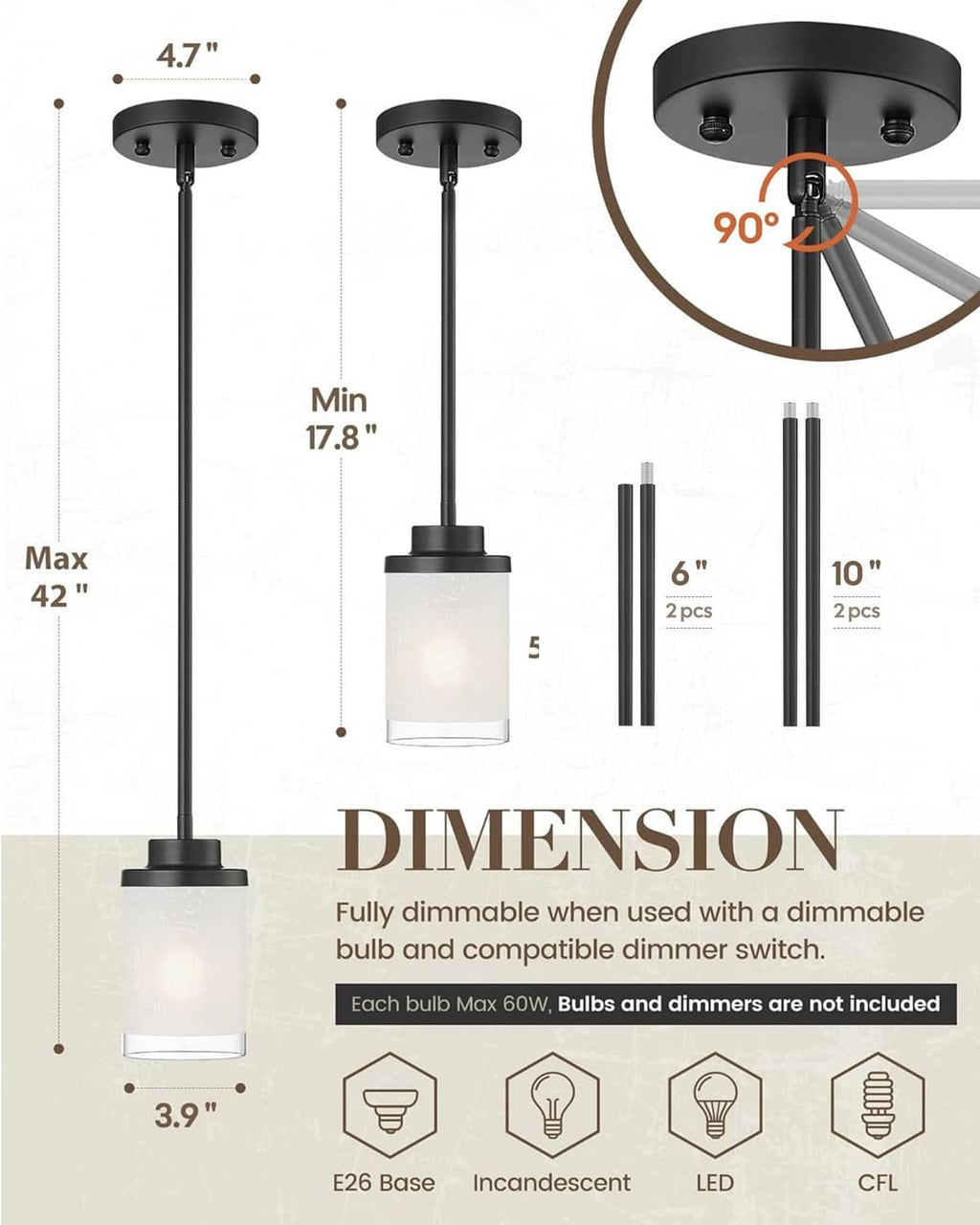 Matte black pendant light with frosted glass cylinder shade and straight hanging stem.
