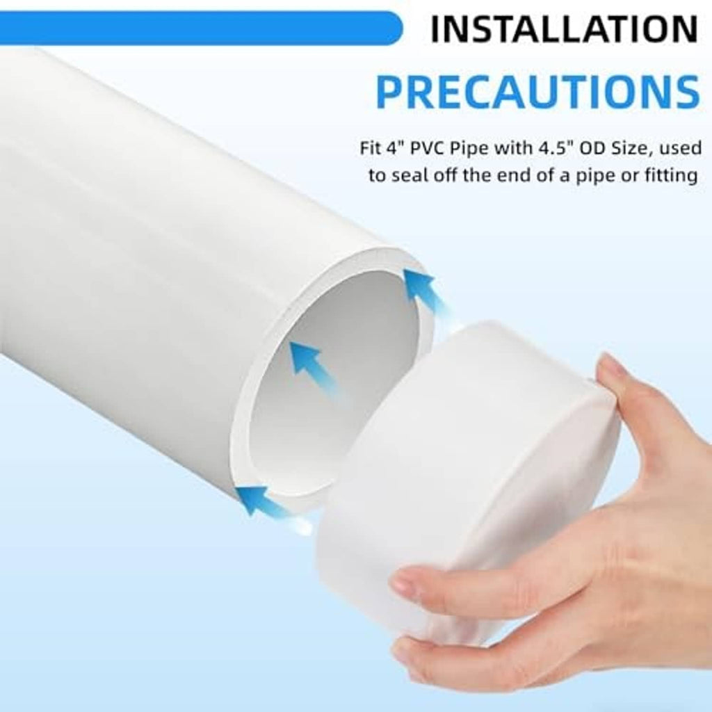 PVC end cap being pushed onto a white pipe end, compatible with 4.5" OD