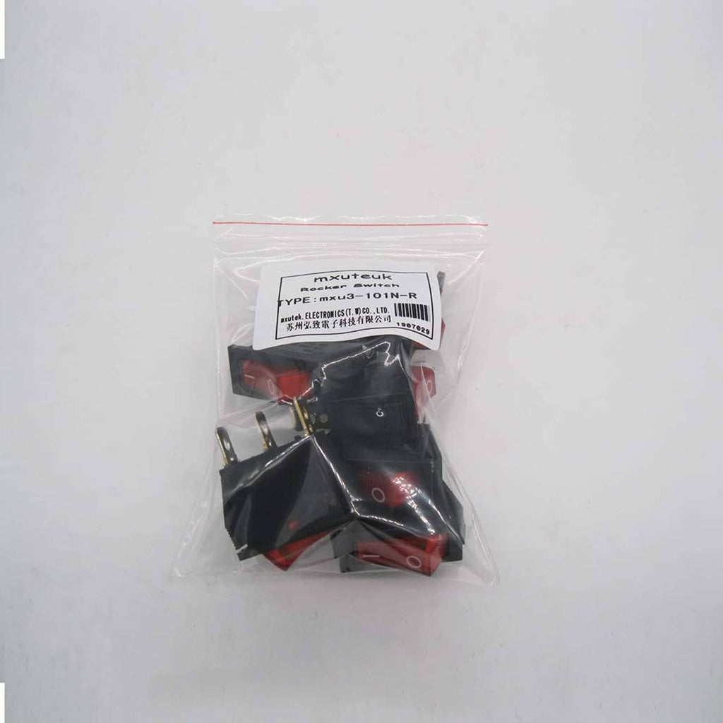 Bag of illuminated red rocker snap-in switches with black housings and terminals