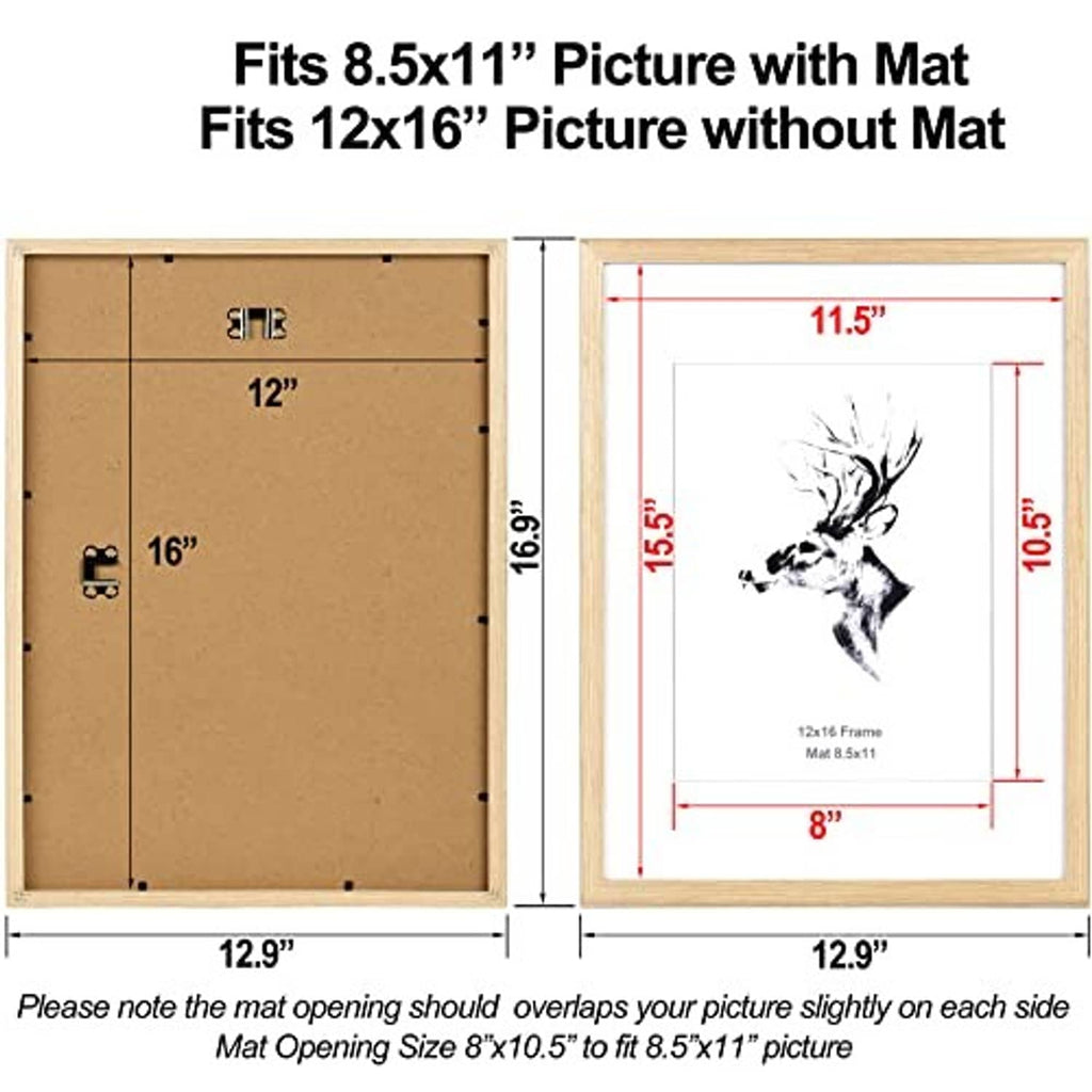 Light oak picture frame with white mat, showing fit for 8.5x11 and 12x16