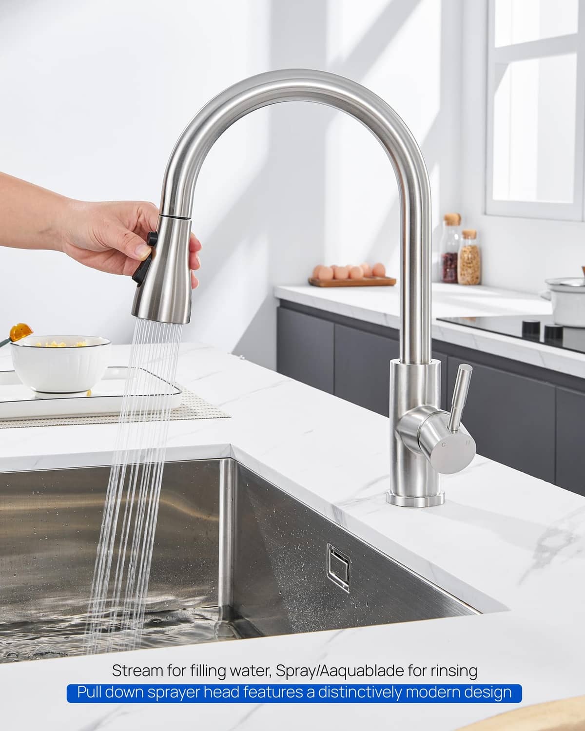 Stainless brushed kitchen faucet with pull-down sprayer head and arched spout