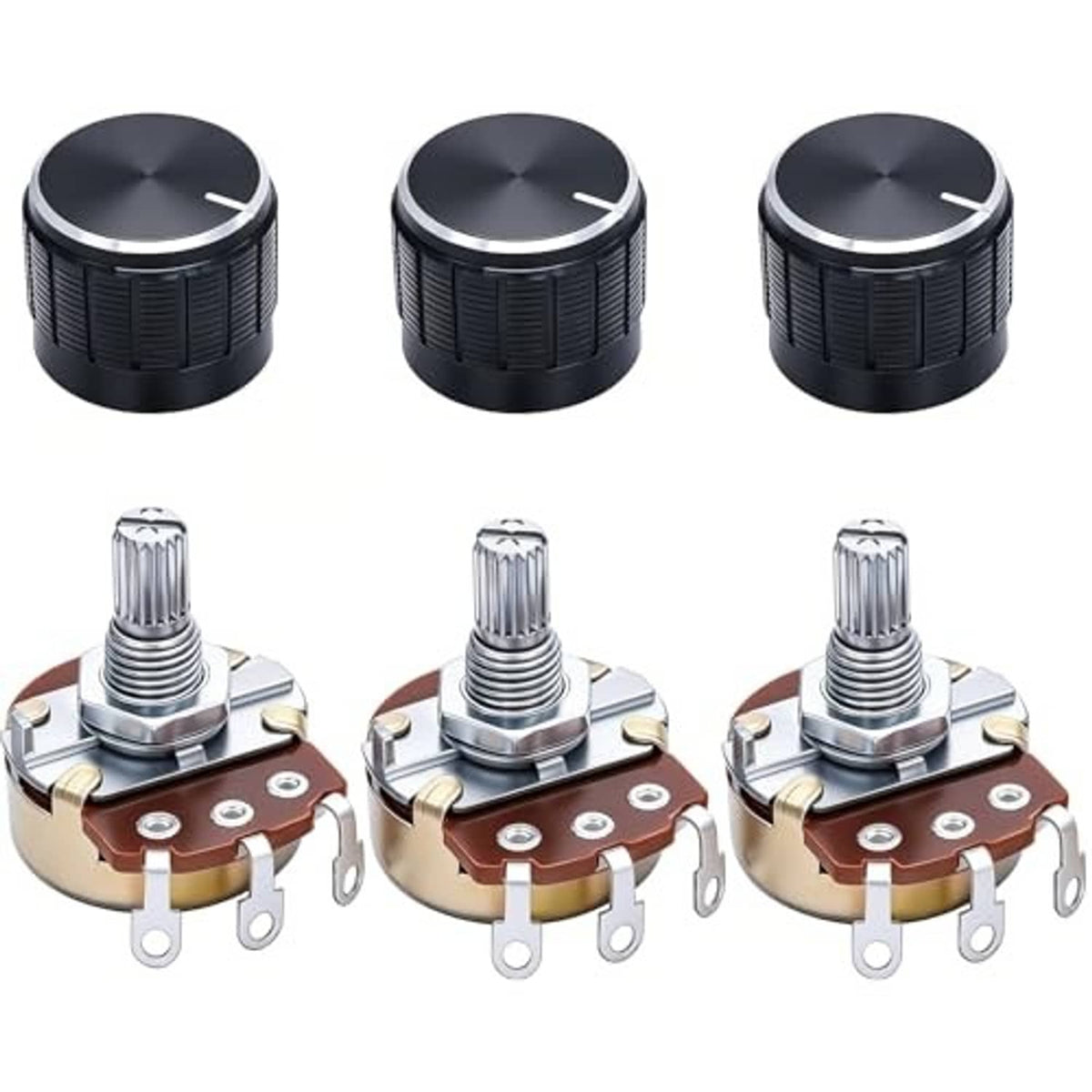 Set of 3 rotary potentiometers showing metal terminals and black ridged knobs.