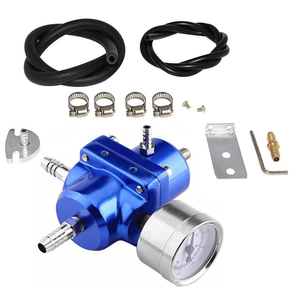 Fuel pressure regulator kit with blue unit, gauge, hoses, clamps, and mounting bracket