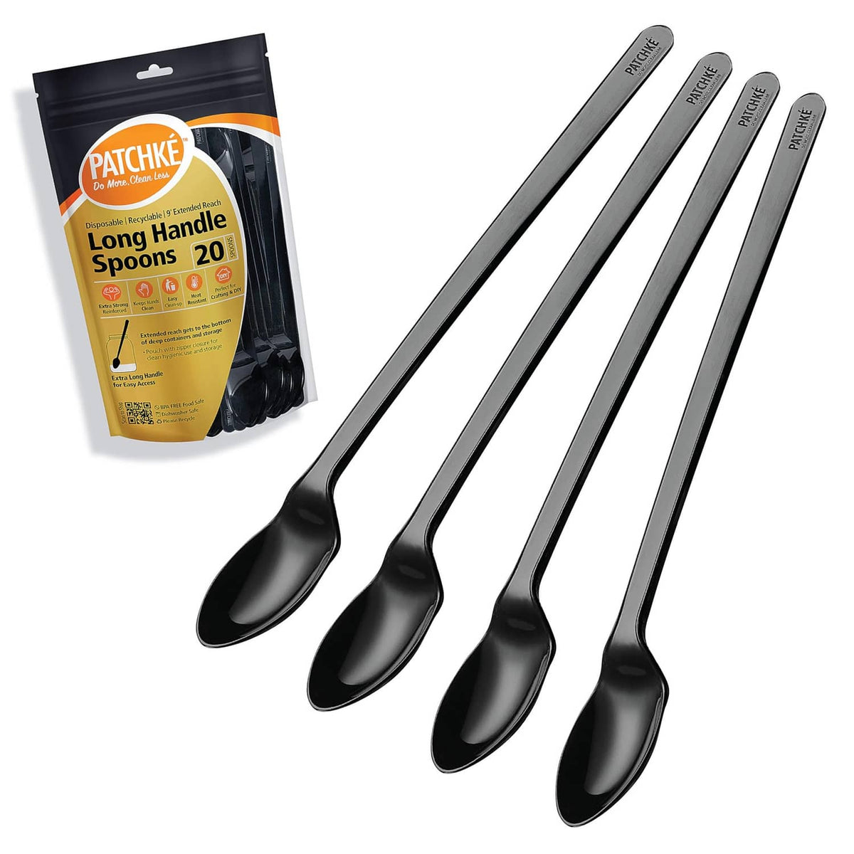 Black long-handle disposable spoons, 9-inch extended reach set, shown as individual pieces